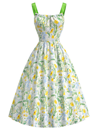 Grünes 50er Kleid mit Blumen und Schleife