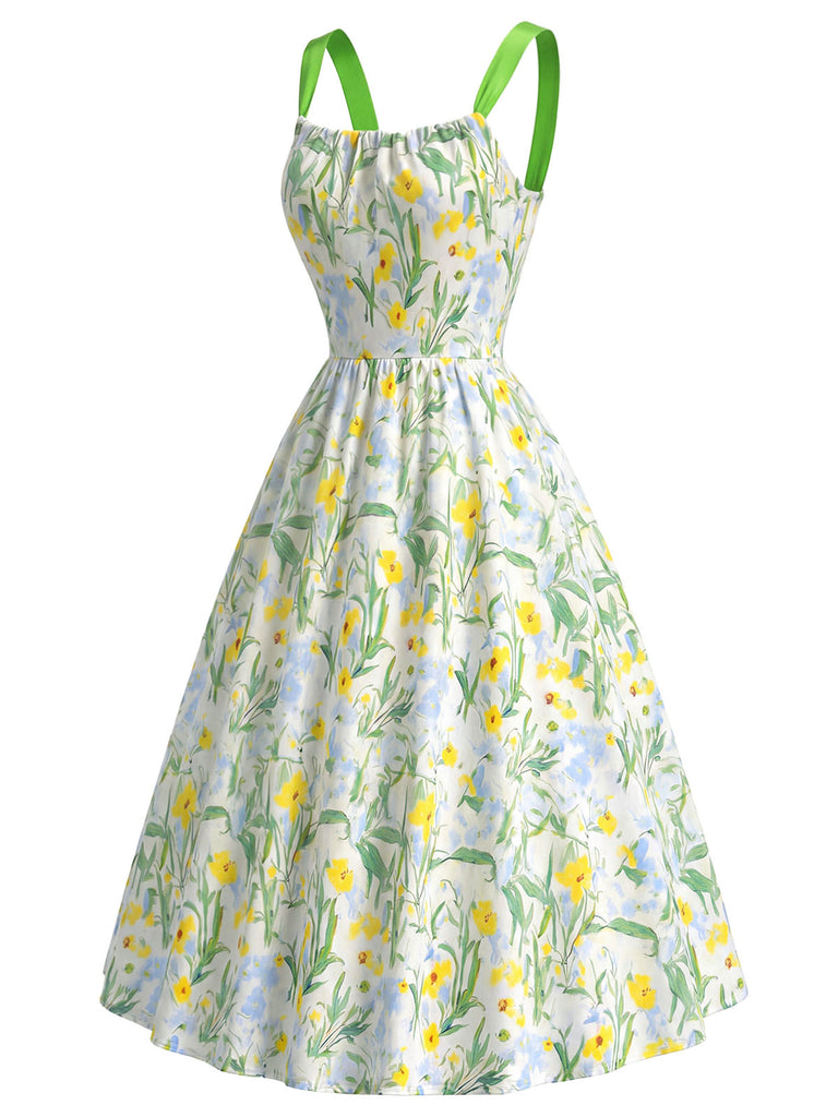 Grünes 50er Kleid mit Blumen und Schleife
