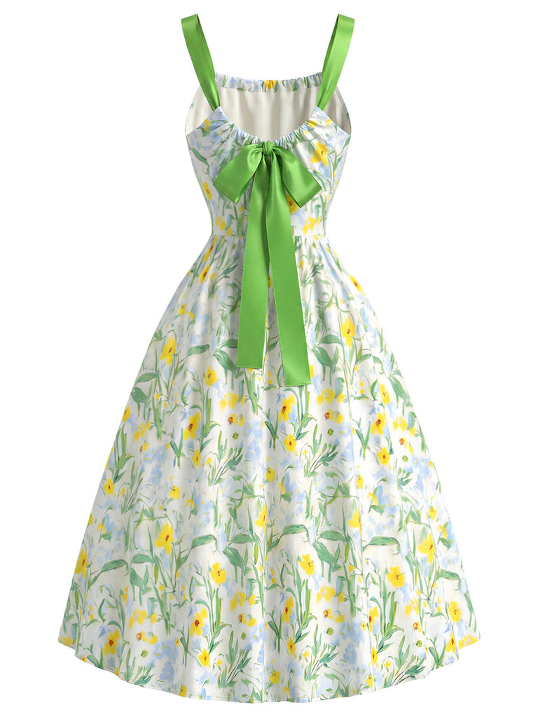Grünes 50er Kleid mit Blumen und Schleife