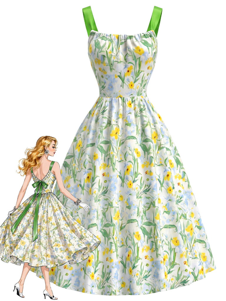 Grünes 50er Kleid mit Blumen und Schleife