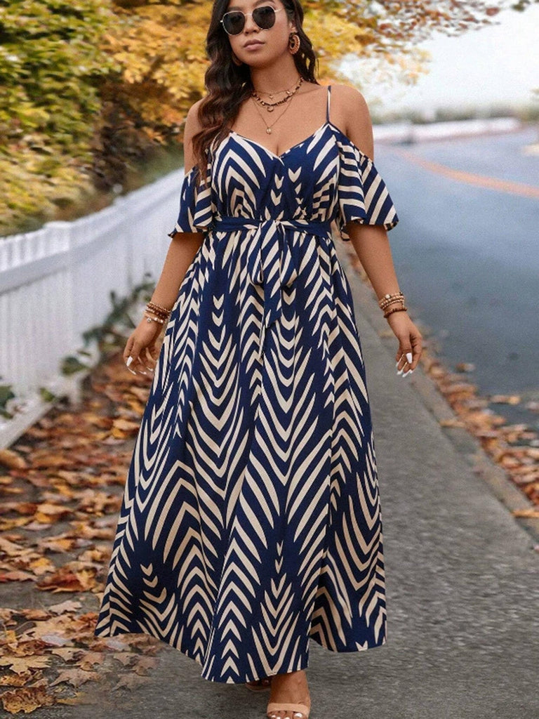 [Übergröße] Marineblaues 50er Cold-Shoulder Midikleid mit Taillenbinde