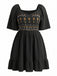 [Übergröße] Schwarzes 60er Minikleid mit Puffärmel und Stickerei