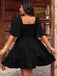[Übergröße] Schwarzes 60er Minikleid mit Puffärmel und Stickerei