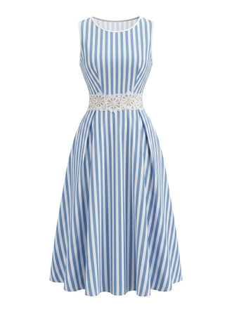 Weißes & Blaues 50er Ärmelloses Kleid mit Cut-out und Spitze