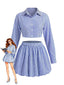Blaues 60er Set aus Crop-Shirt und Bubble-Minirock mit Streifen