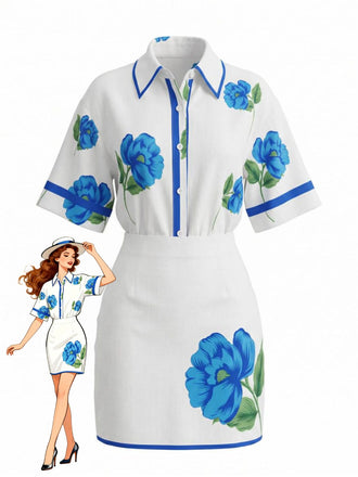 Blauer 60er Rock mit Blumen-Print