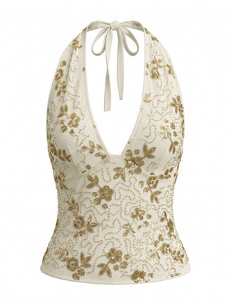 Beige 60er Top mit Neckholder und Pailletten