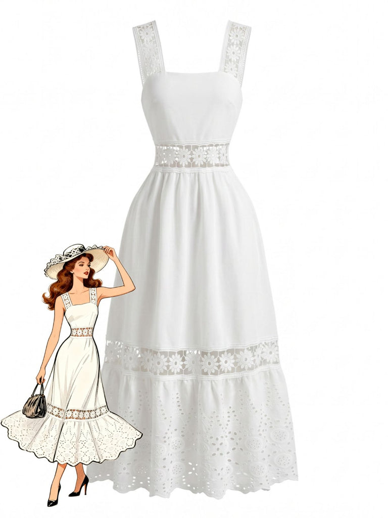 Weißes 70er Boho Midikleid mit Stickerei und Ösen-Stickerei