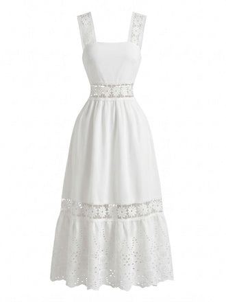 Weißes 70er Boho Midikleid mit Stickerei und Ösen-Stickerei