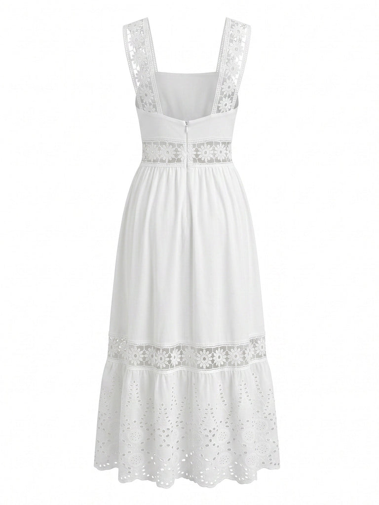 Weißes 70er Boho Midikleid mit Stickerei und Ösen-Stickerei