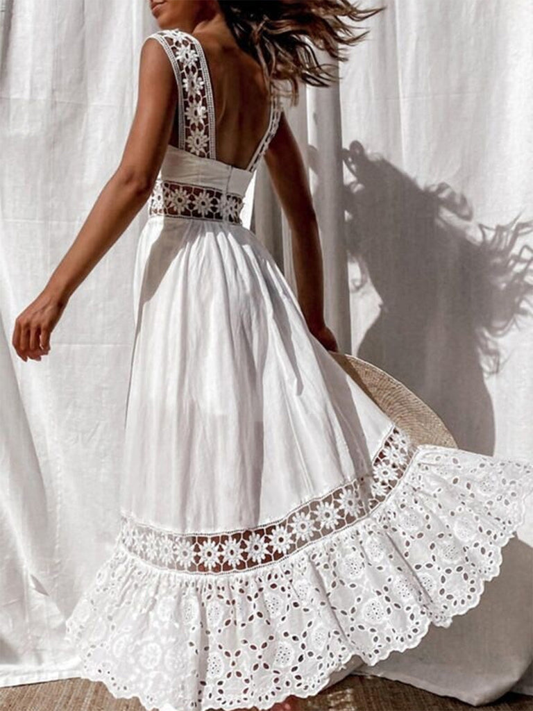 Weißes 70er Boho Midikleid mit Stickerei und Ösen-Stickerei