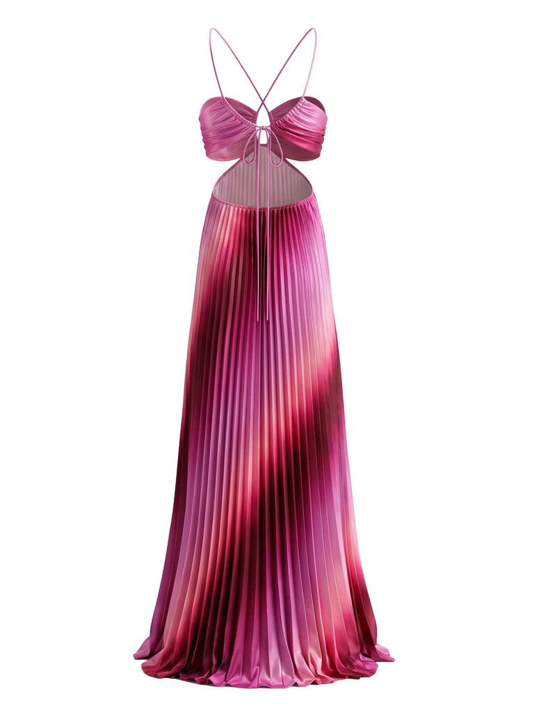 Rosa 80er Boho Plisséekleid mit Neckholder und Ombre