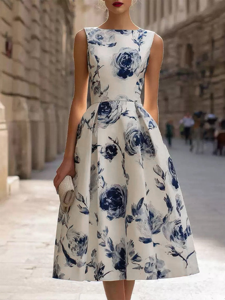 50er ärmelloses Midikleid mit Rosenmuster und Rundhalsausschnitt