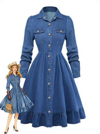 Blaues 50er Jeans-Shirtkleid mit Reverskragen und Knopf