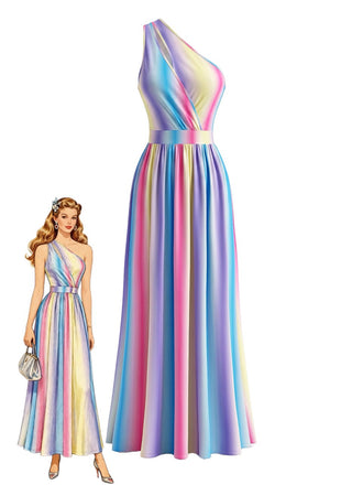 30er Maxikleid mit One-Shoulder und Regenbogenstreifen