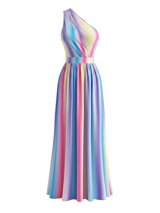 30er Maxikleid mit One-Shoulder und Regenbogenstreifen