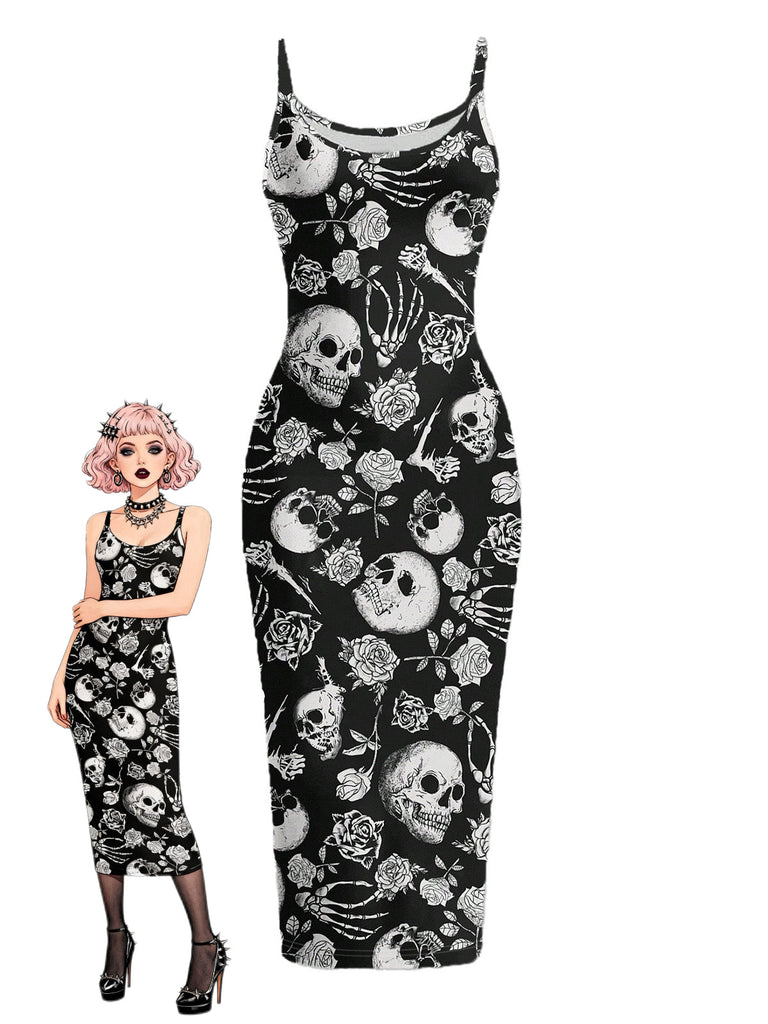Schwarzes & Rosa 30er Gothic Midikleid mit Totenkopf und Figurbetont