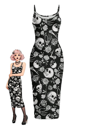 Schwarzes & Rosa 30er Gothic Midikleid mit Totenkopf und Figurbetont