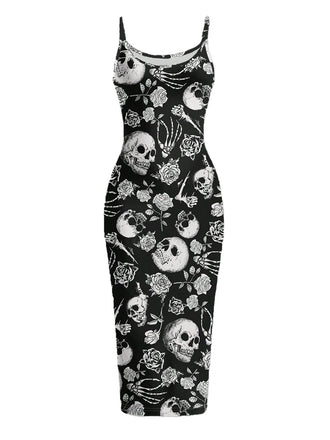 Schwarzes & Rosa 30er Gothic Midikleid mit Totenkopf und Figurbetont