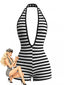 Schwarzer 70er Strick-Romper mit Neckholder und Streifen