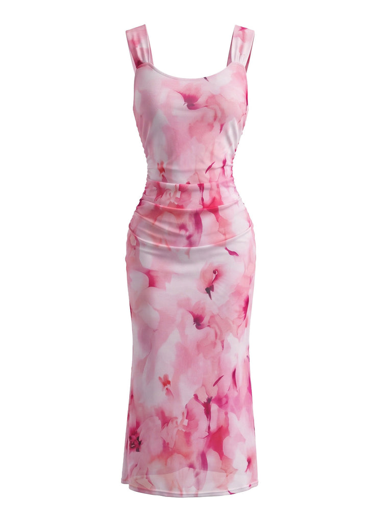 30er Netz-Bodycon-Kleid mit Eckiger Ausschnitt und Blumen