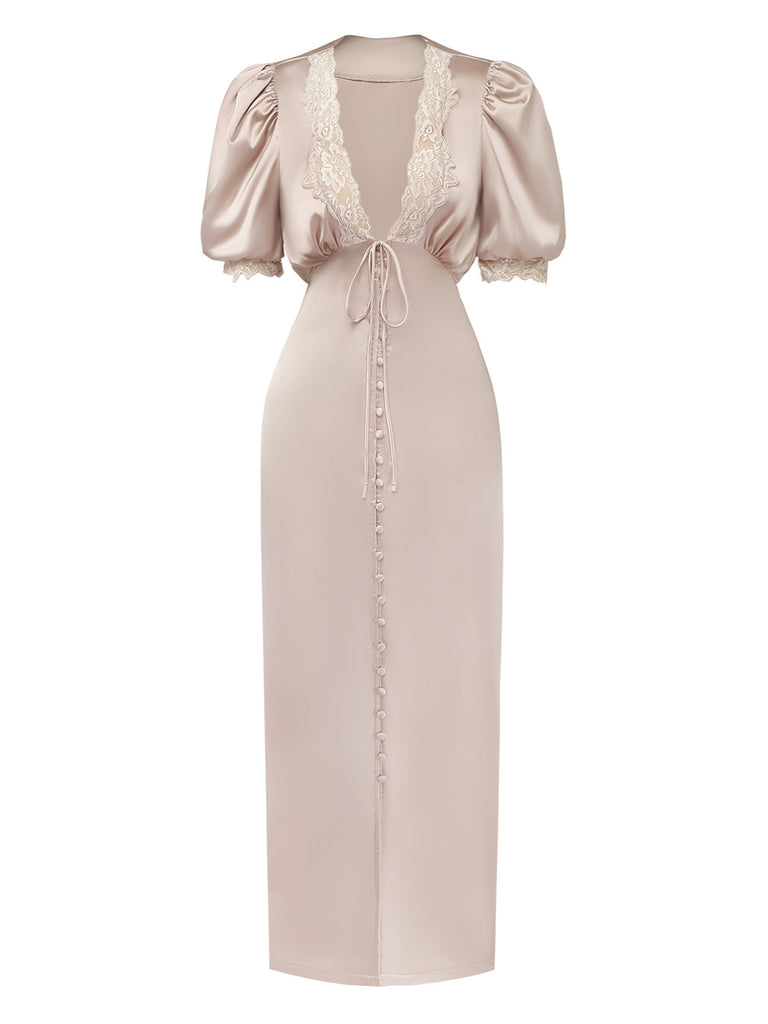 Champagner 30er Satinkleid mit Spitze und Puffärmel
