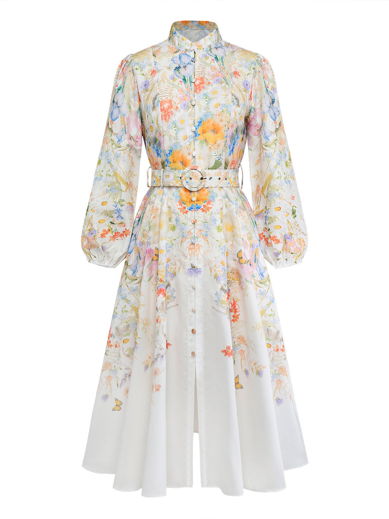 Weißes 40er Kleid mit Blumen-Print und Langarm