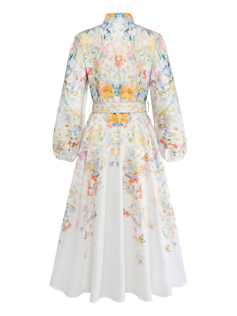 Weißes 40er Kleid mit Blumen-Print und Langarm