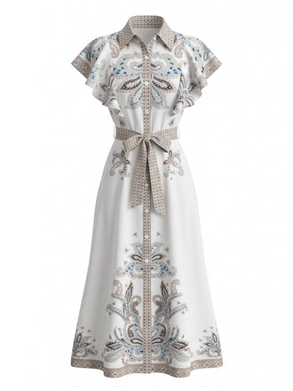 30er Vintage Shirtkleid mit Blumen-Print und Knopf