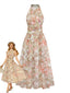 Grün-gelbes 40er Maxikleid mit Aquarell-Blumenprint und Neckholder