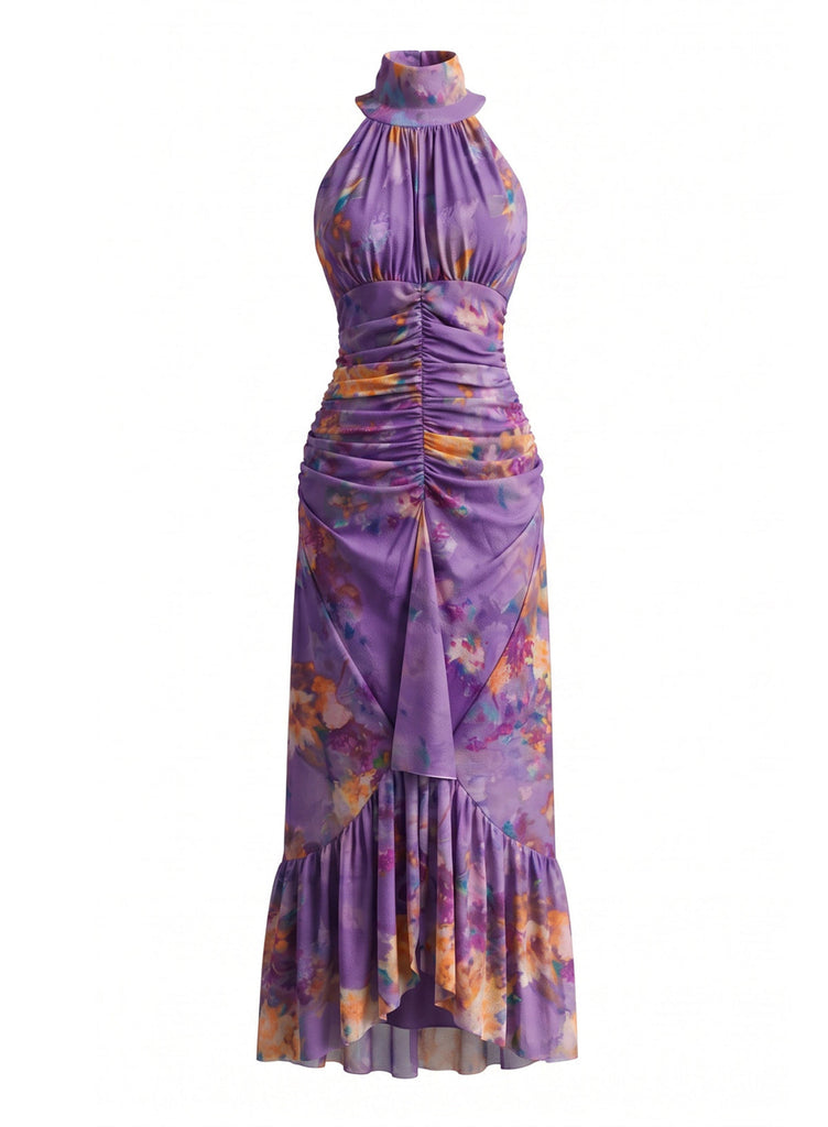 Violettes 70er Maxikleid mit Aquarellblumen und Raffung