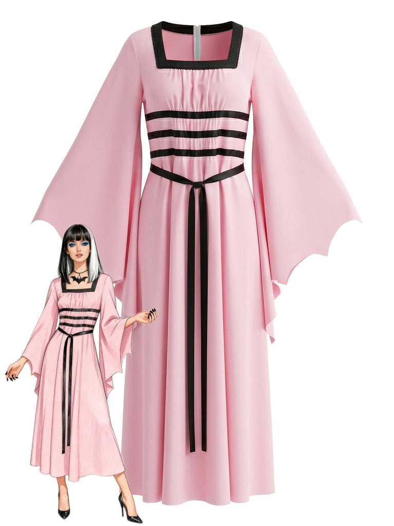Rosa 80er Gothic-Kleid mit Karree-Ausschnitt und Fledermausärmeln