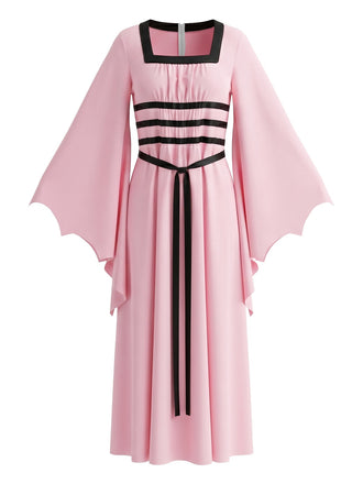 Rosa 80er Gothic-Kleid mit Karree-Ausschnitt und Fledermausärmeln