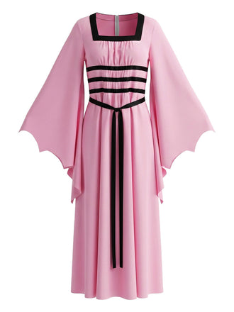Rosa 80er Gothic-Kleid mit Karree-Ausschnitt und Fledermausärmeln