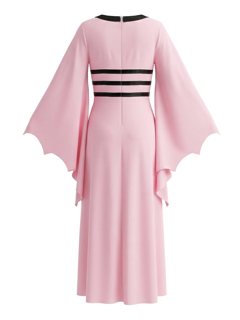 Rosa 80er Gothic-Kleid mit Karree-Ausschnitt und Fledermausärmeln