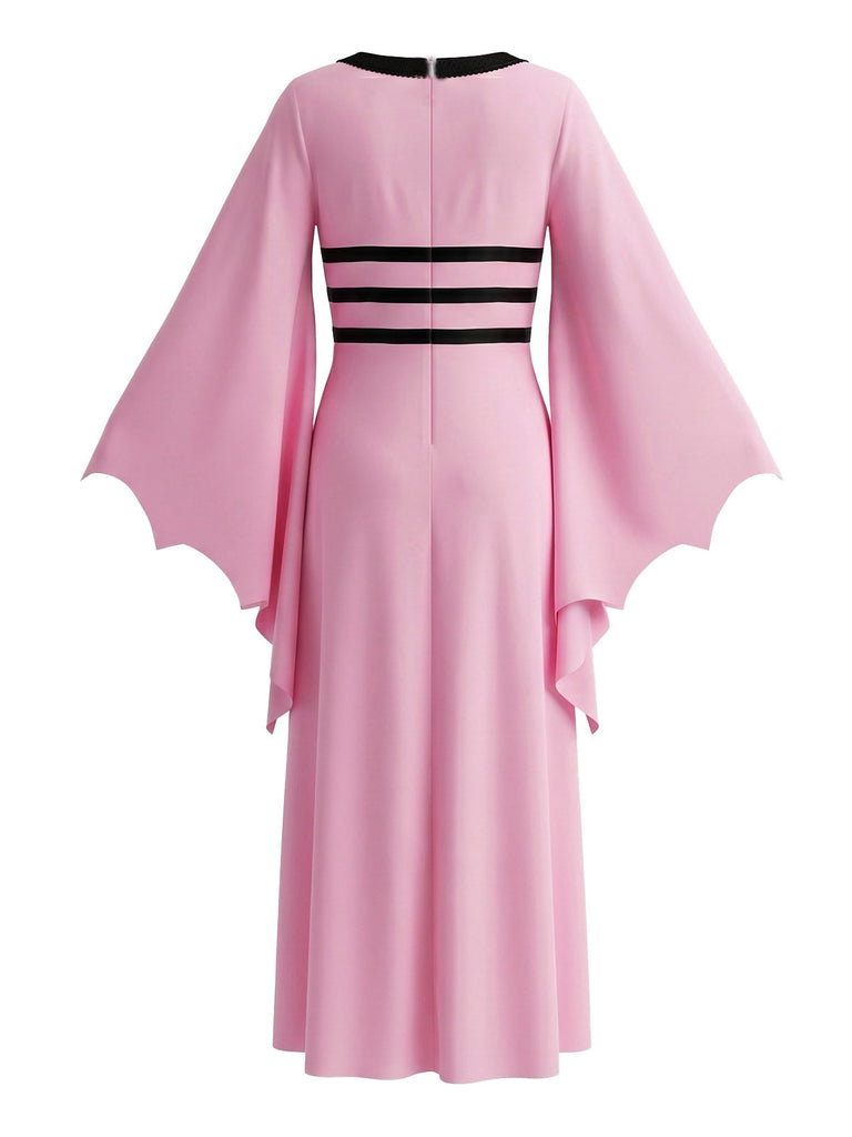 Rosa 80er Gothic-Kleid mit Karree-Ausschnitt und Fledermausärmeln