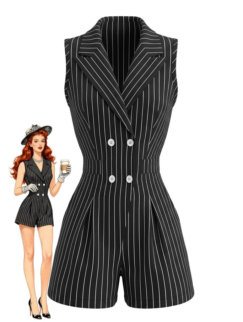 Schwarzer 70er Blazer-Romper mit Nadelstreifen