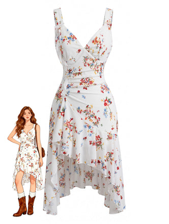 Weißes 60er Kleid mit Streublumen und V-Ausschnitt