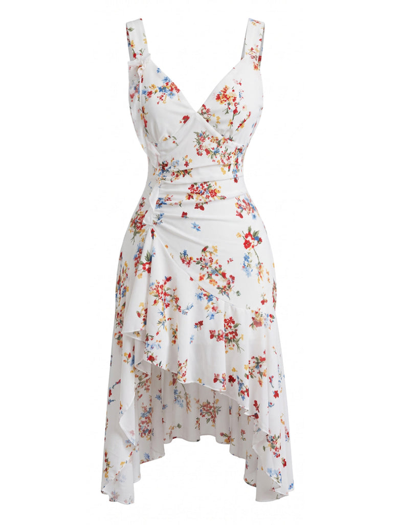 Weißes 60er Kleid mit Streublumen und V-Ausschnitt