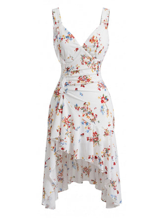 Weißes 60er Kleid mit Streublumen und V-Ausschnitt