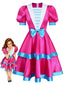 Rosa 60er Halloween-Cosplaykleid mit Puffärmeln und blauer Schleife