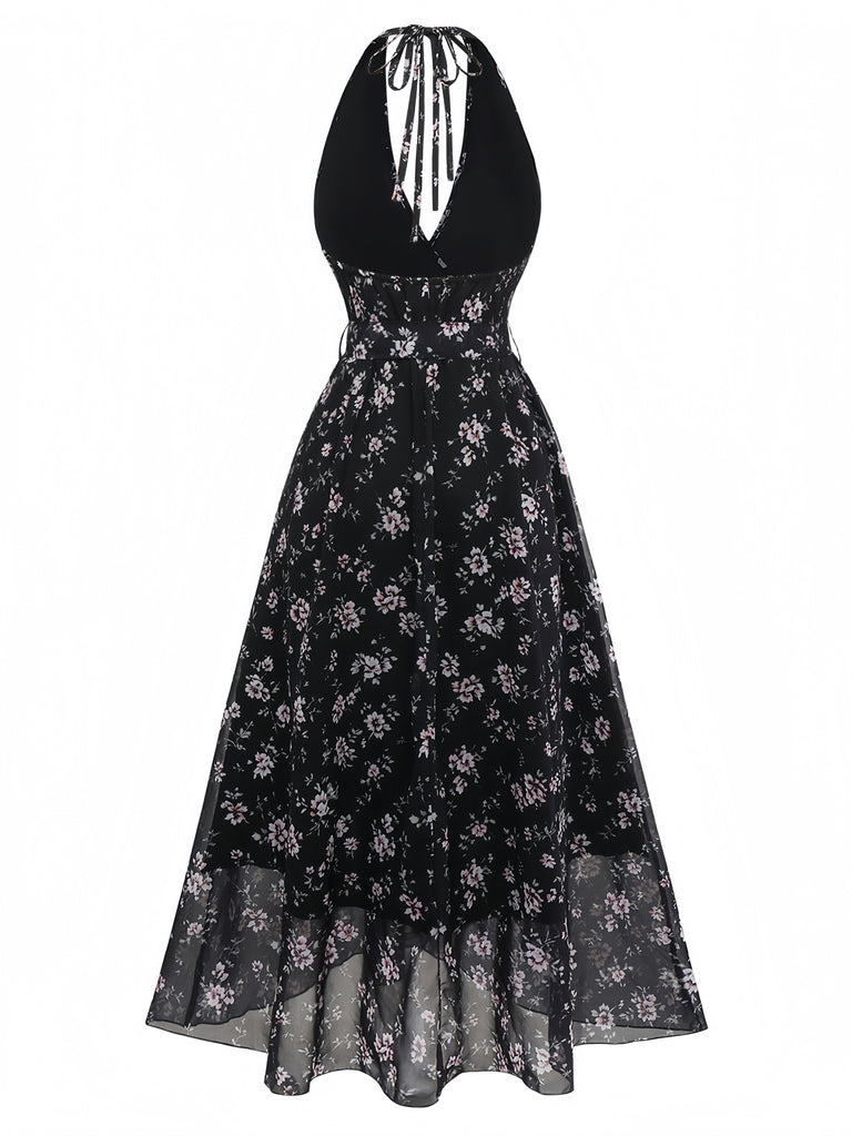 Black 1940s Floral Halter Vintage Dress 2