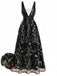 Schwarzes 30er Netz-Langes Kleid mit V-Ausschnitt und Blumen