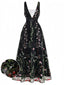 Schwarzes 30er Mesh-Maxikleid mit Blumenstickerei und V-Ausschnitt