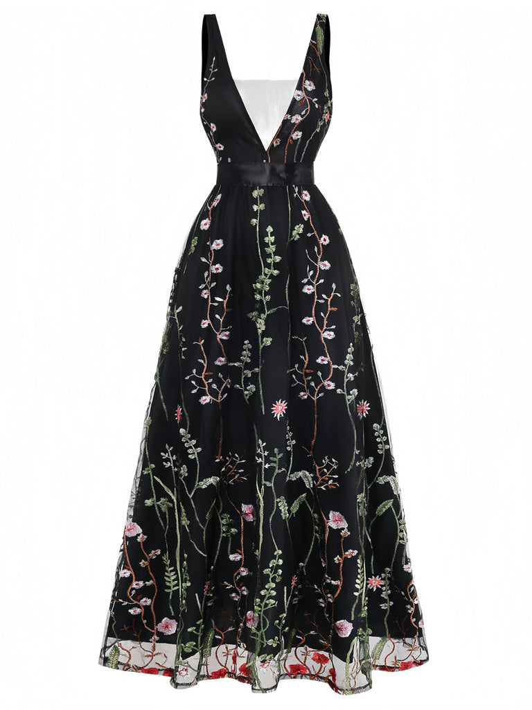 Schwarzes 30er Netz-Langes Kleid mit V-Ausschnitt und Blumen
