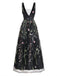 Schwarzes 30er Netz-Langes Kleid mit V-Ausschnitt und Blumen