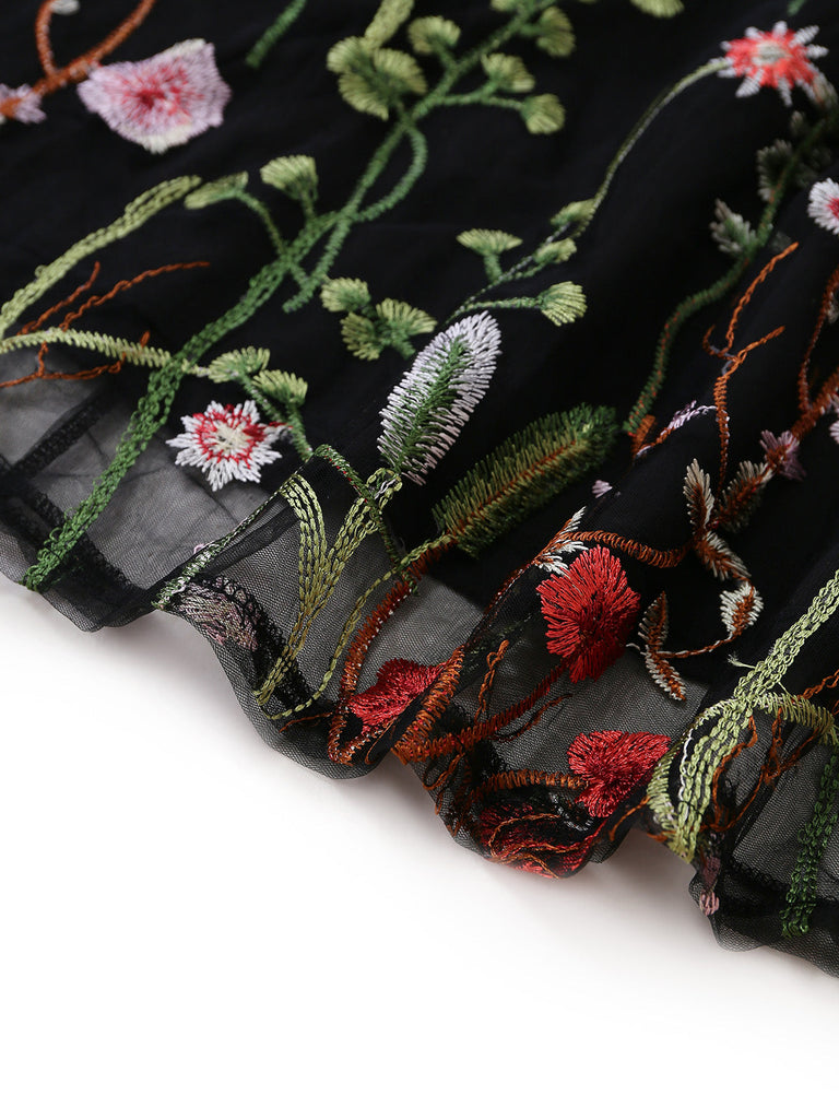 Schwarzes 30er Netz-Langes Kleid mit V-Ausschnitt und Blumen