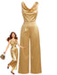 60er Satin-Jumpsuit mit Wasserfallausschnitt und weitem Bein