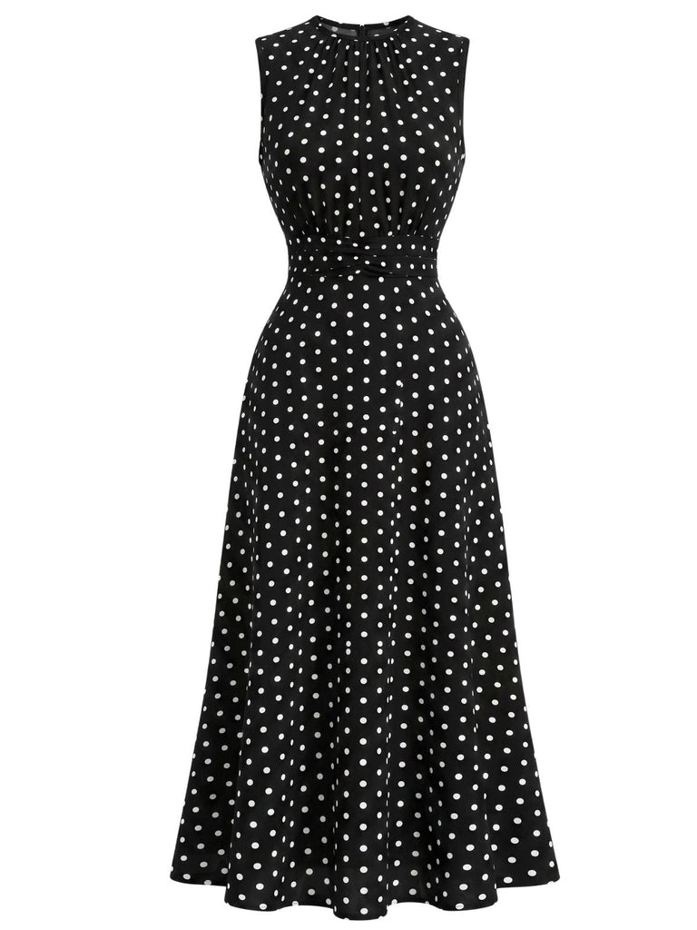30er Ärmelloses Raffkleid mit Polka-Dots und Rundhals