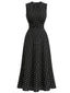 Schwarzes 30er ärmelloses Raffkleid mit Polka-Dots und Rundhalsausschnitt